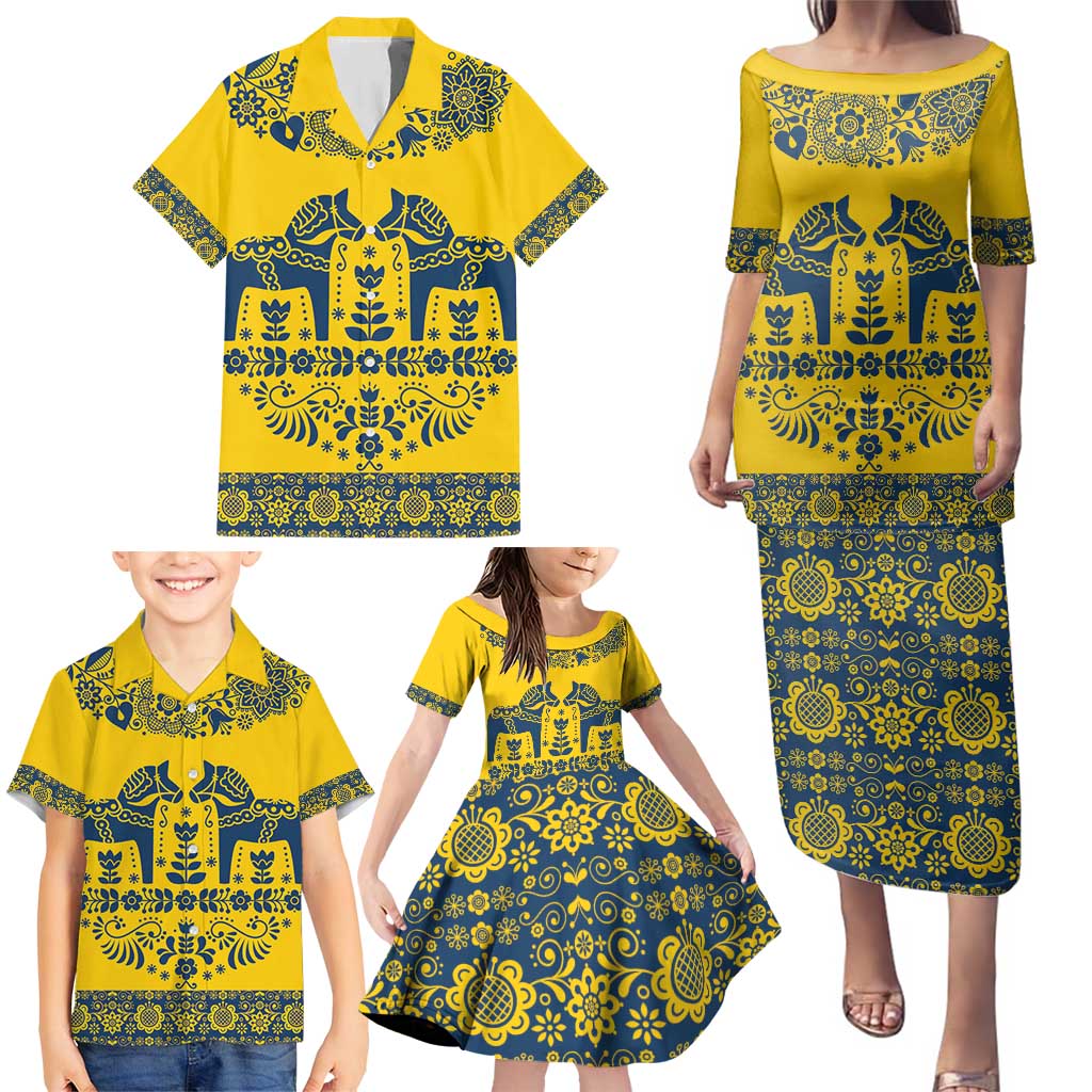 Sweden Daleclarian Horse Family Matching Puletasi and Hawaiian Shirt Floral Folk Pattern Yellow Version