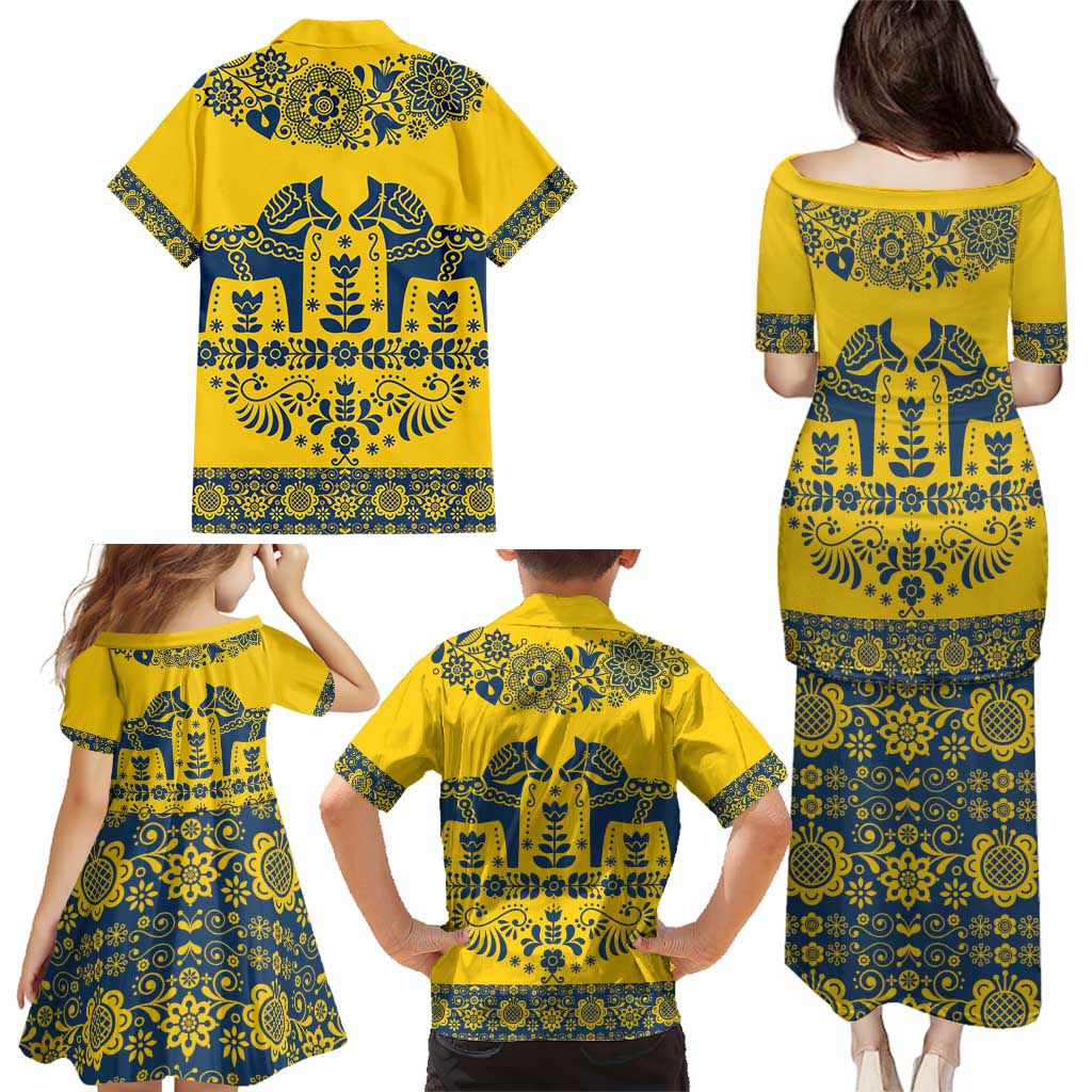 Sweden Daleclarian Horse Family Matching Puletasi and Hawaiian Shirt Floral Folk Pattern Yellow Version
