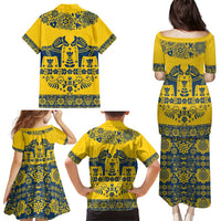 Sweden Daleclarian Horse Family Matching Puletasi and Hawaiian Shirt Floral Folk Pattern Yellow Version
