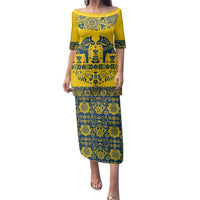 Sweden Daleclarian Horse Family Matching Puletasi and Hawaiian Shirt Floral Folk Pattern Yellow Version