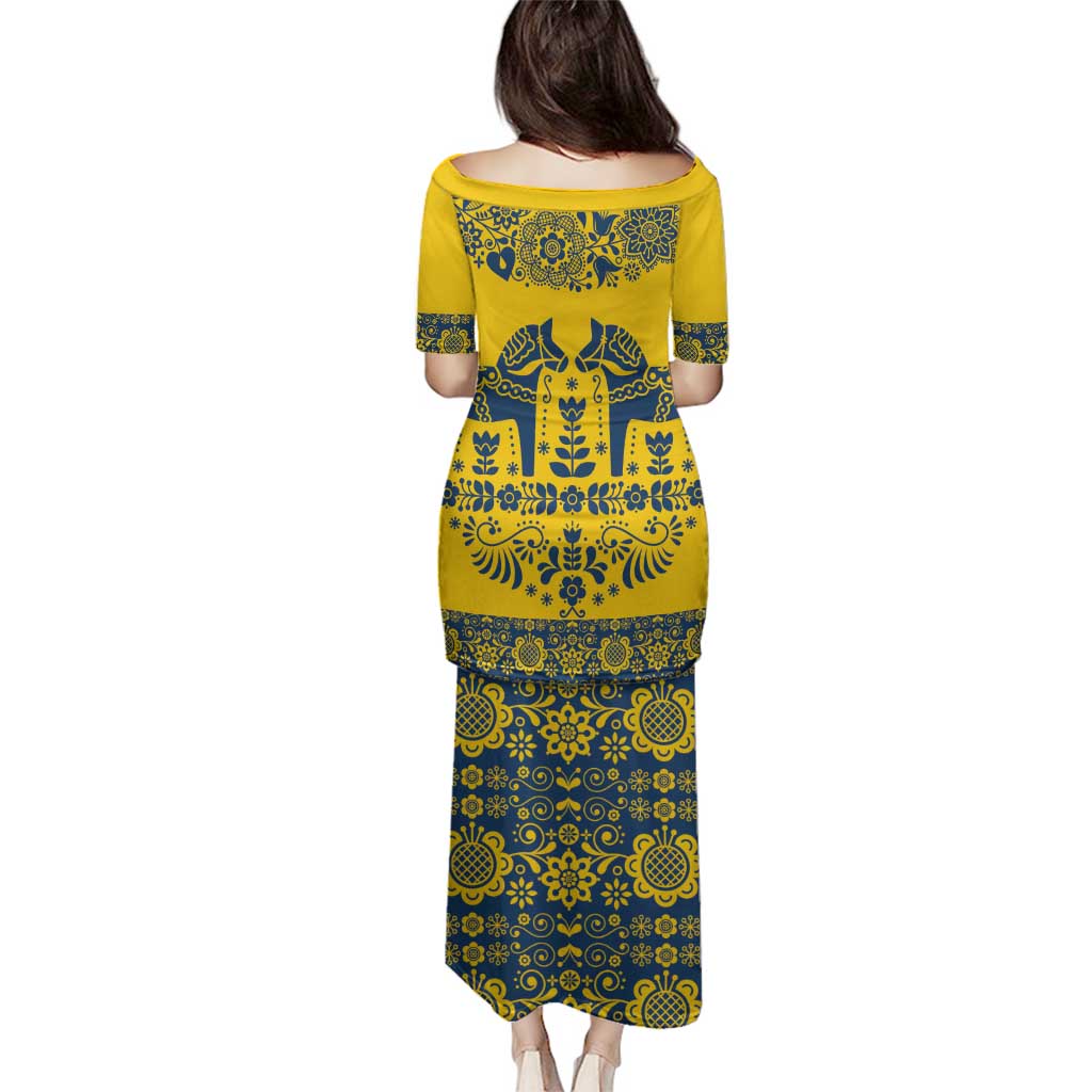 Sweden Daleclarian Horse Family Matching Puletasi and Hawaiian Shirt Floral Folk Pattern Yellow Version