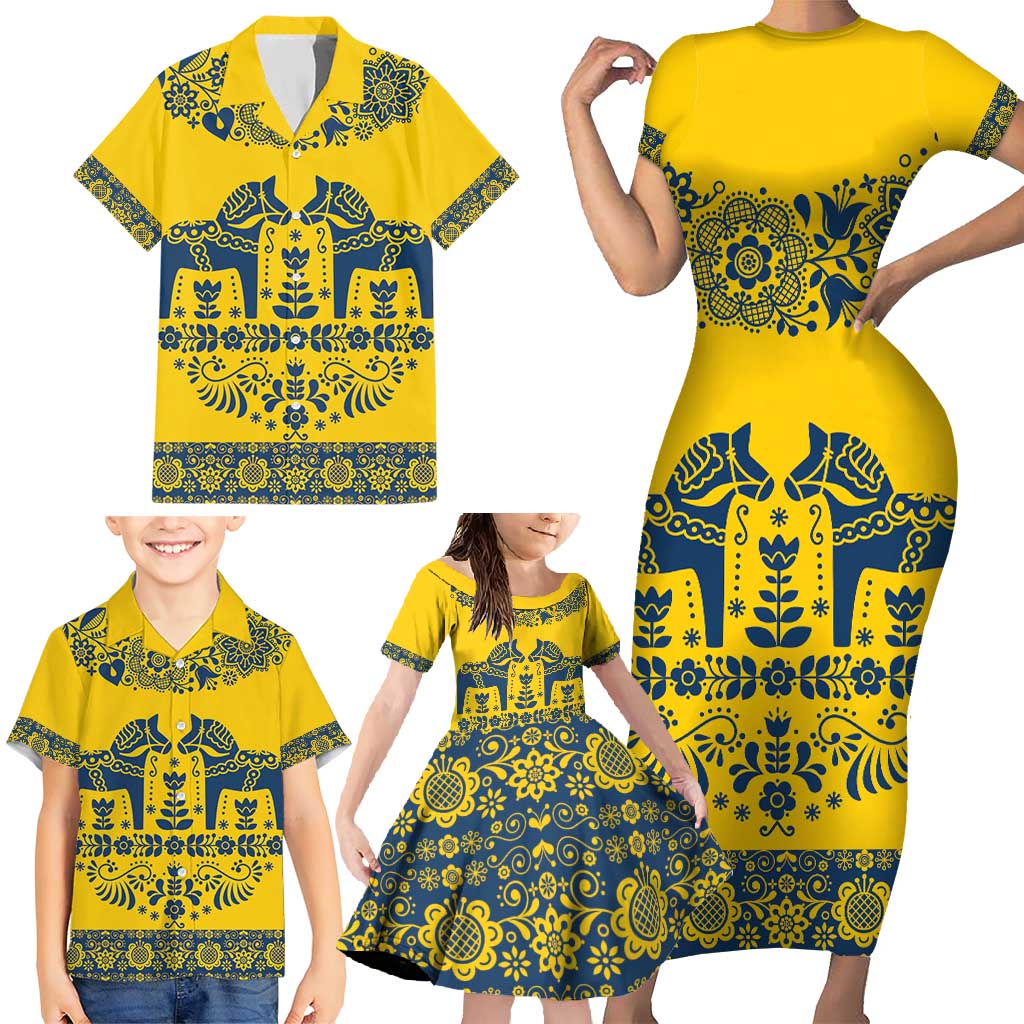 Sweden Daleclarian Horse Family Matching Short Sleeve Bodycon Dress and Hawaiian Shirt Floral Folk Pattern Yellow Version
