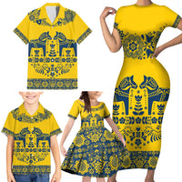 Sweden Daleclarian Horse Family Matching Short Sleeve Bodycon Dress and Hawaiian Shirt Floral Folk Pattern Yellow Version