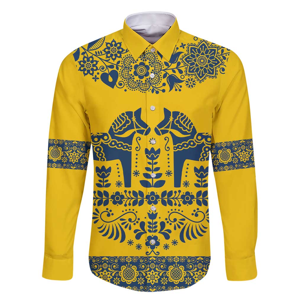 Sweden Daleclarian Horse Family Matching Short Sleeve Bodycon Dress and Hawaiian Shirt Floral Folk Pattern Yellow Version