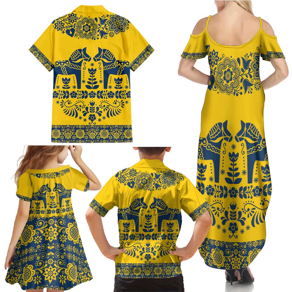 Sweden Daleclarian Horse Family Matching Summer Maxi Dress and Hawaiian Shirt Floral Folk Pattern Yellow Version