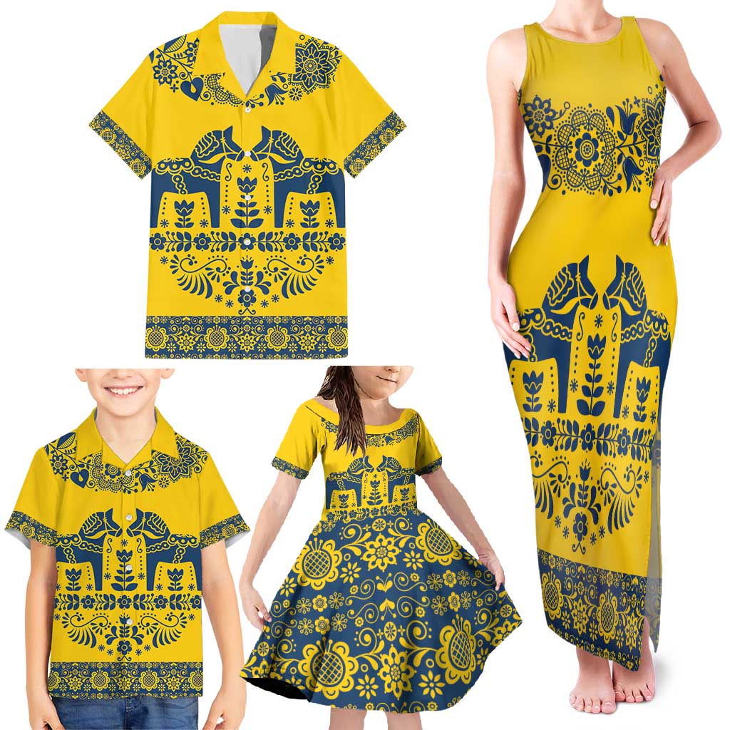 Sweden Daleclarian Horse Family Matching Tank Maxi Dress and Hawaiian Shirt Floral Folk Pattern Yellow Version
