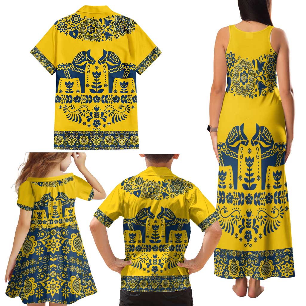 Sweden Daleclarian Horse Family Matching Tank Maxi Dress and Hawaiian Shirt Floral Folk Pattern Yellow Version