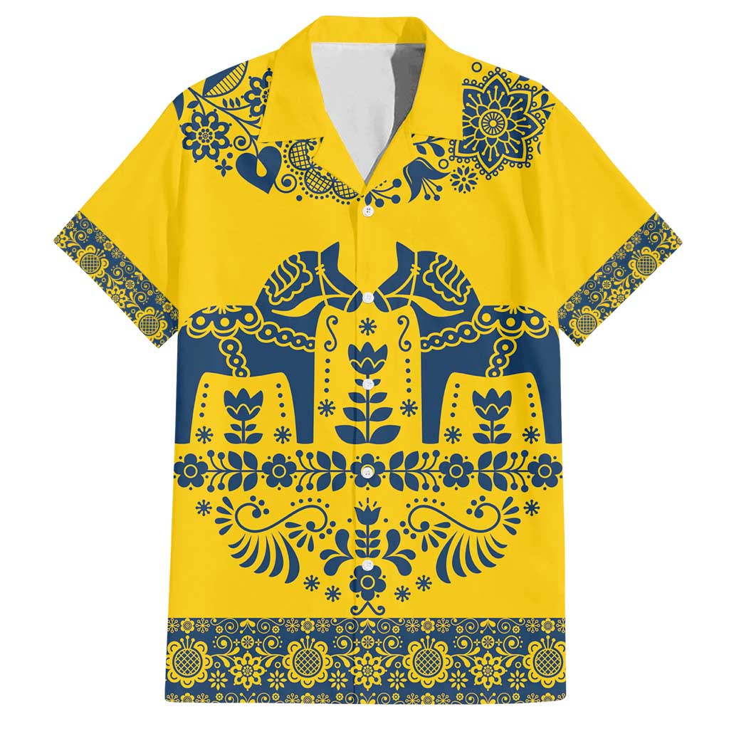 Sweden Daleclarian Horse Family Matching Tank Maxi Dress and Hawaiian Shirt Floral Folk Pattern Yellow Version