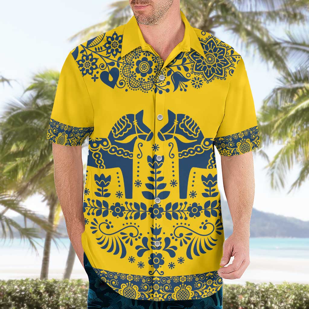 Sweden Daleclarian Horse Hawaiian Shirt Floral Folk Pattern Yellow Version