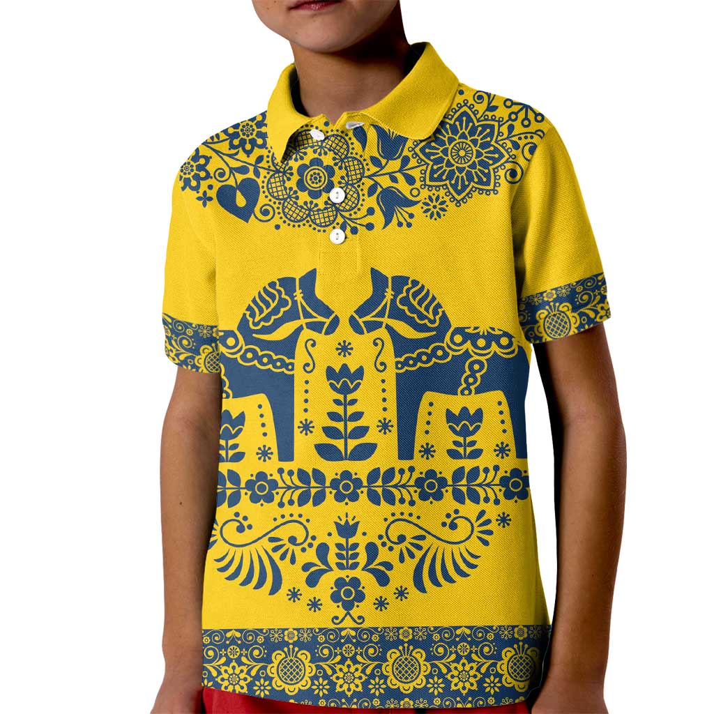 Sweden Daleclarian Horse Kid Polo Shirt Floral Folk Pattern Yellow Version