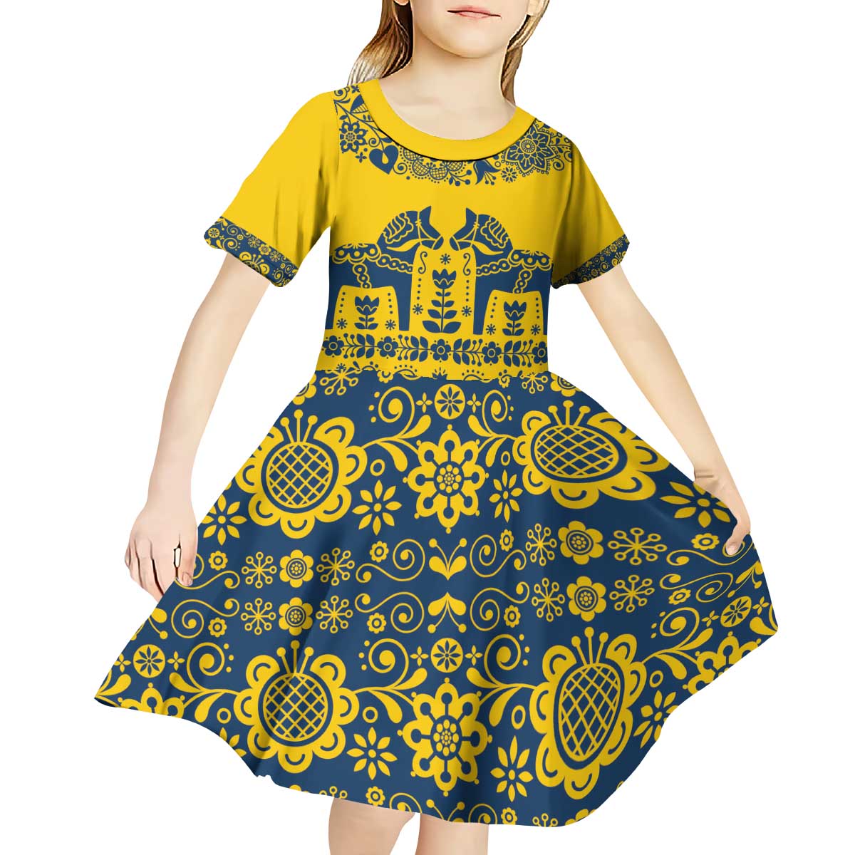 Sweden Daleclarian Horse Kid Short Sleeve Dress Floral Folk Pattern Yellow Version