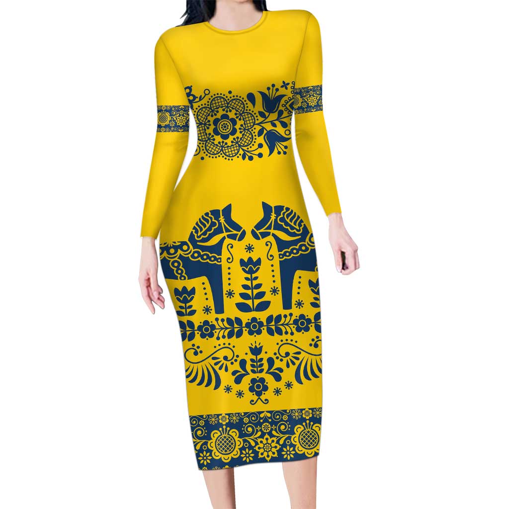 Sweden Daleclarian Horse Long Sleeve Bodycon Dress Floral Folk Pattern Yellow Version