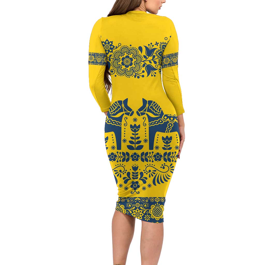 Sweden Daleclarian Horse Long Sleeve Bodycon Dress Floral Folk Pattern Yellow Version