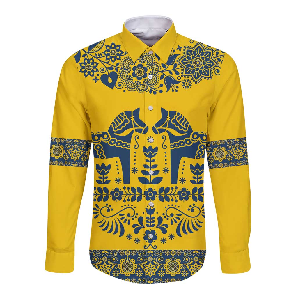 Sweden Daleclarian Horse Long Sleeve Button Shirt Floral Folk Pattern Yellow Version