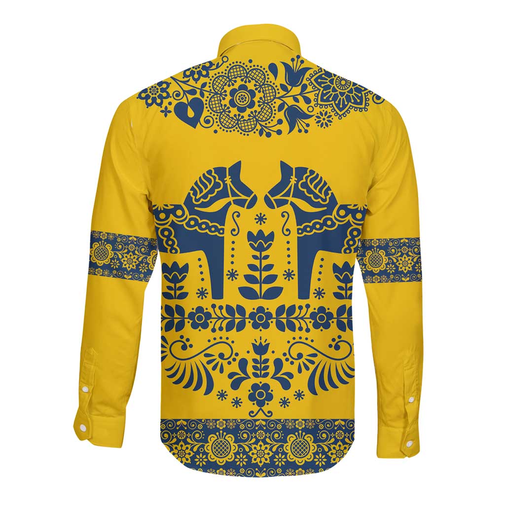 Sweden Daleclarian Horse Long Sleeve Button Shirt Floral Folk Pattern Yellow Version