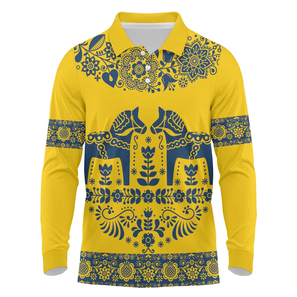 Sweden Daleclarian Horse Long Sleeve Polo Shirt Floral Folk Pattern Yellow Version