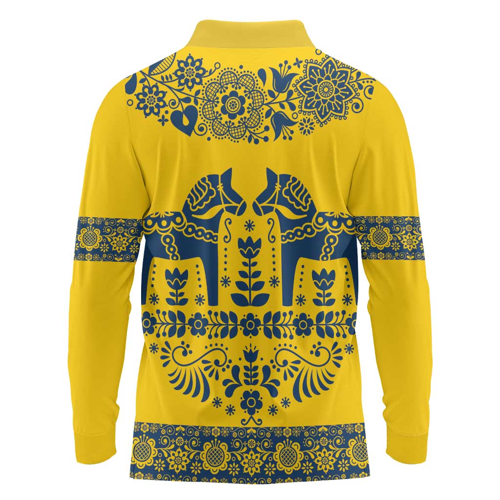 Sweden Daleclarian Horse Long Sleeve Polo Shirt Floral Folk Pattern Yellow Version