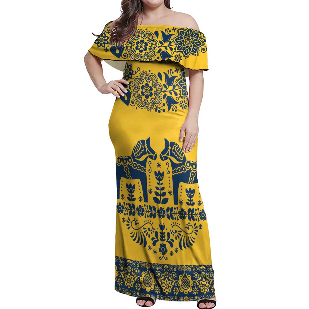 Sweden Daleclarian Horse Off Shoulder Maxi Dress Floral Folk Pattern Yellow Version