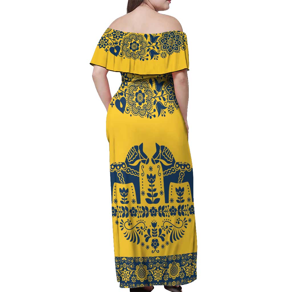 Sweden Daleclarian Horse Off Shoulder Maxi Dress Floral Folk Pattern Yellow Version