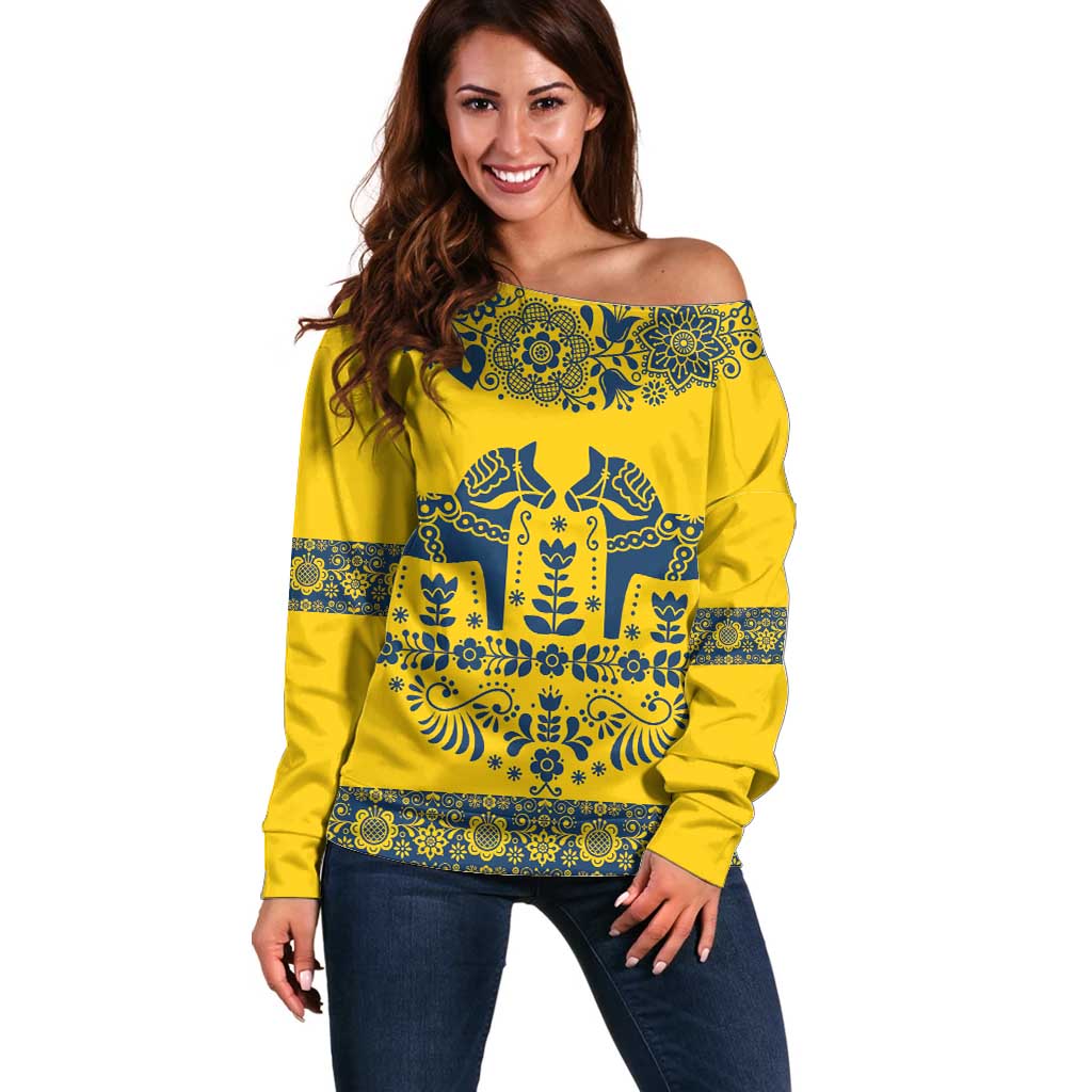 Sweden Daleclarian Horse Off Shoulder Sweater Floral Folk Pattern Yellow Version
