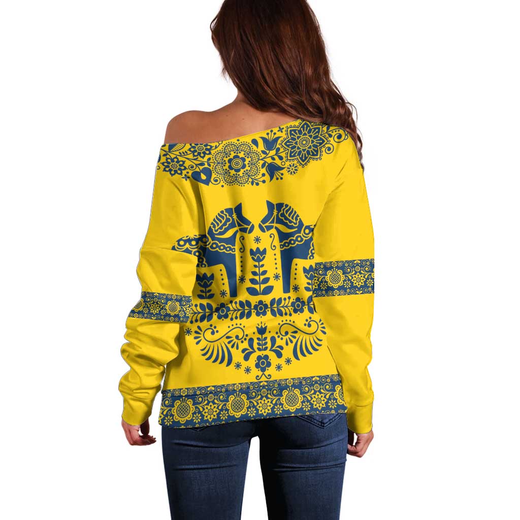 Sweden Daleclarian Horse Off Shoulder Sweater Floral Folk Pattern Yellow Version