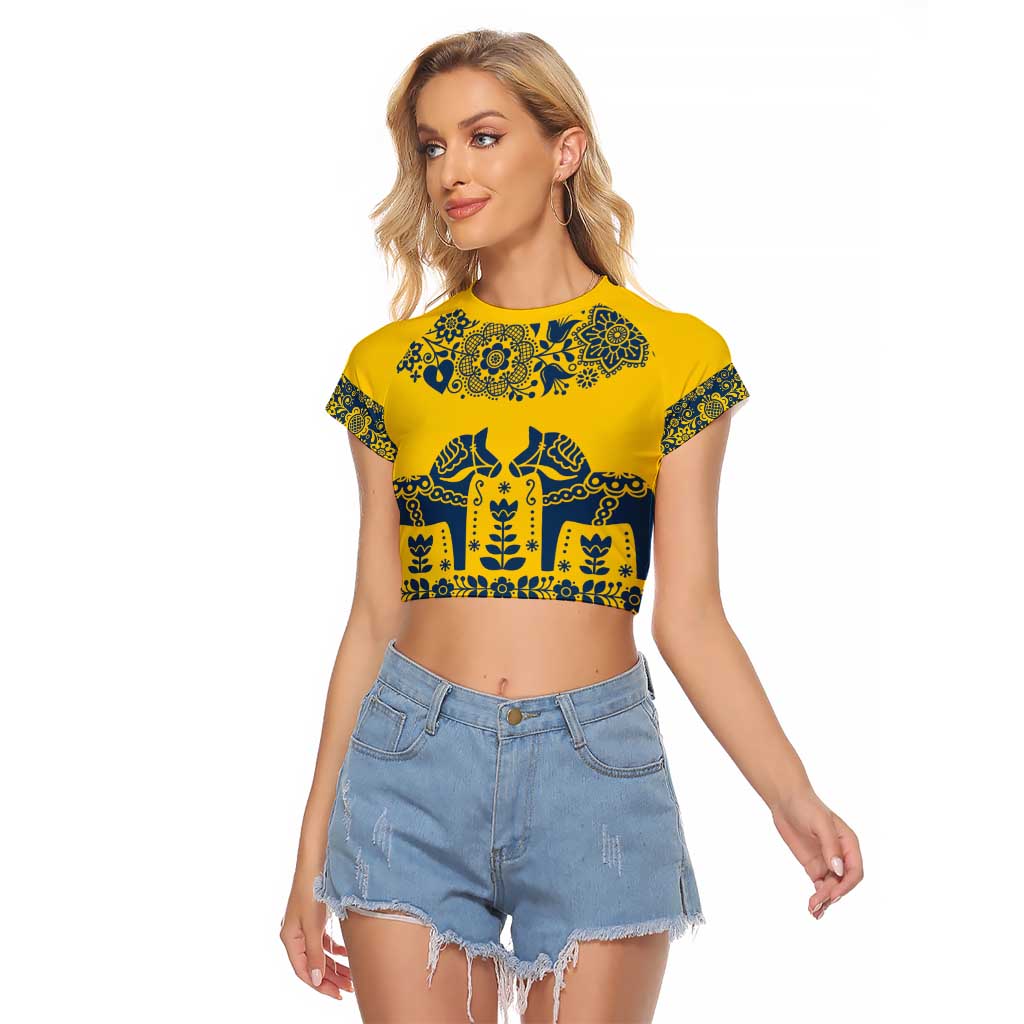 Sweden Daleclarian Horse Raglan Cropped T Shirt Floral Folk Pattern Yellow Version