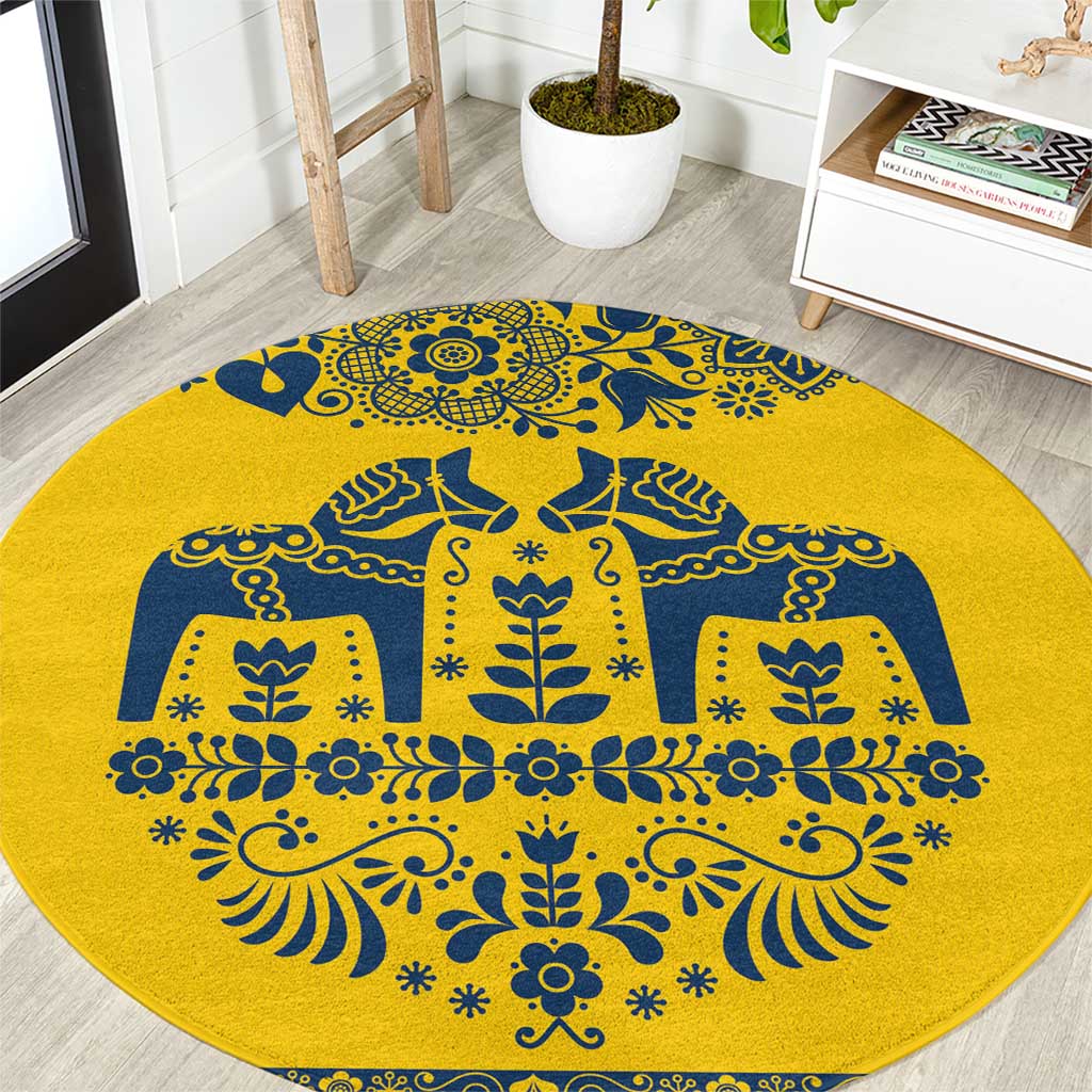Sweden Daleclarian Horse Round Carpet Floral Folk Pattern Yellow Version