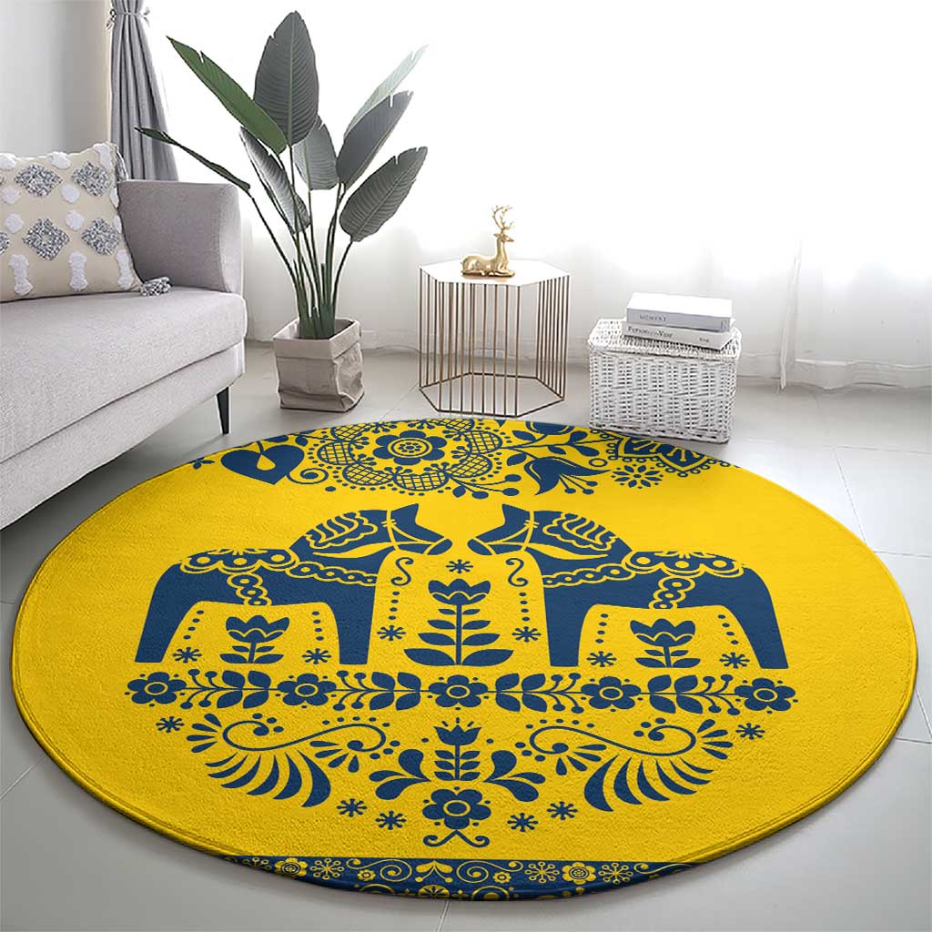 Sweden Daleclarian Horse Round Carpet Floral Folk Pattern Yellow Version