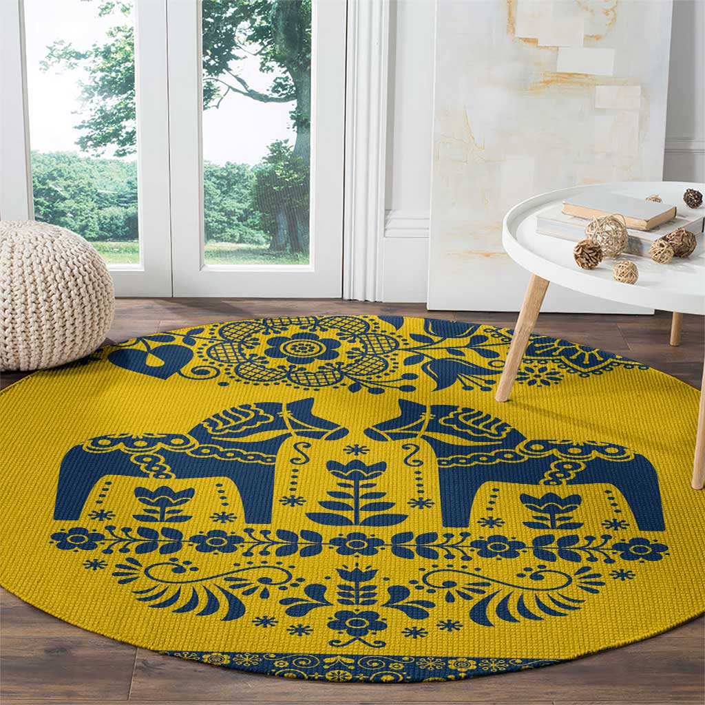 Sweden Daleclarian Horse Round Carpet Floral Folk Pattern Yellow Version