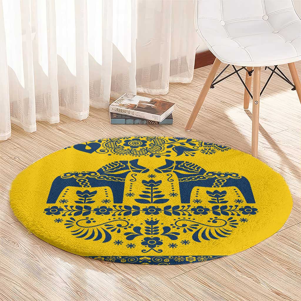 Sweden Daleclarian Horse Round Carpet Floral Folk Pattern Yellow Version