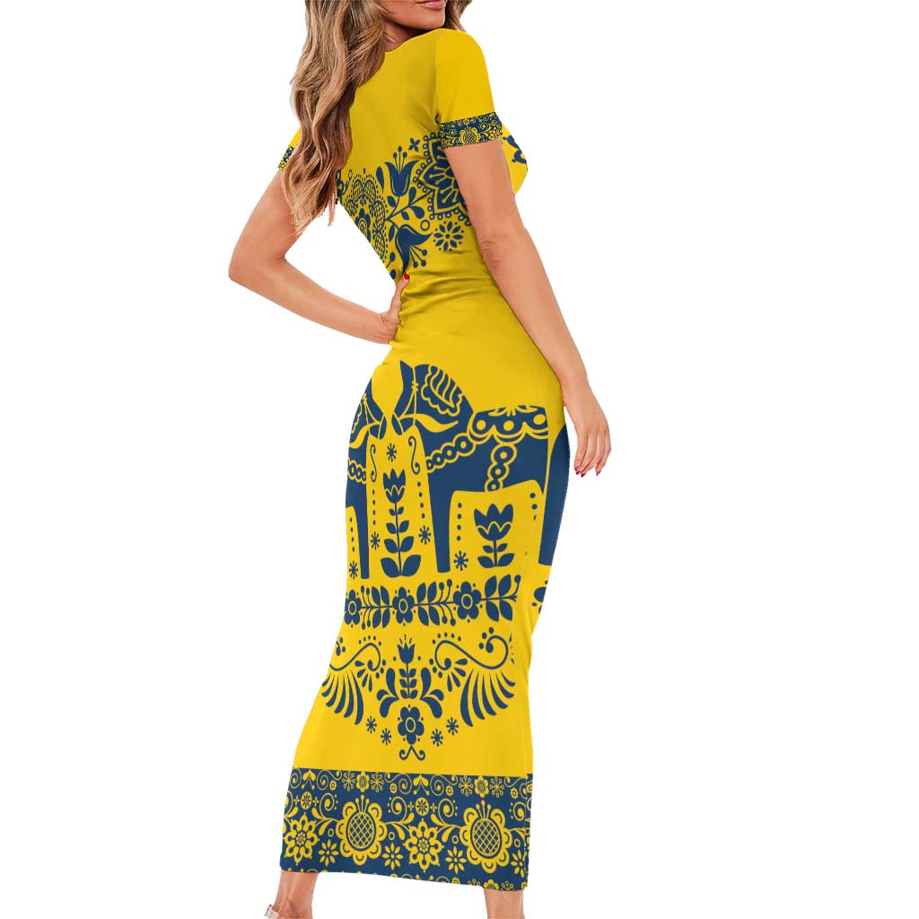 Sweden Daleclarian Horse Short Sleeve Bodycon Dress Floral Folk Pattern Yellow Version