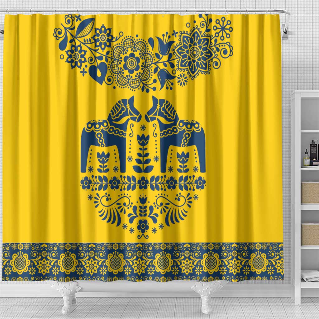 Sweden Daleclarian Horse Shower Curtain Floral Folk Pattern Yellow Version