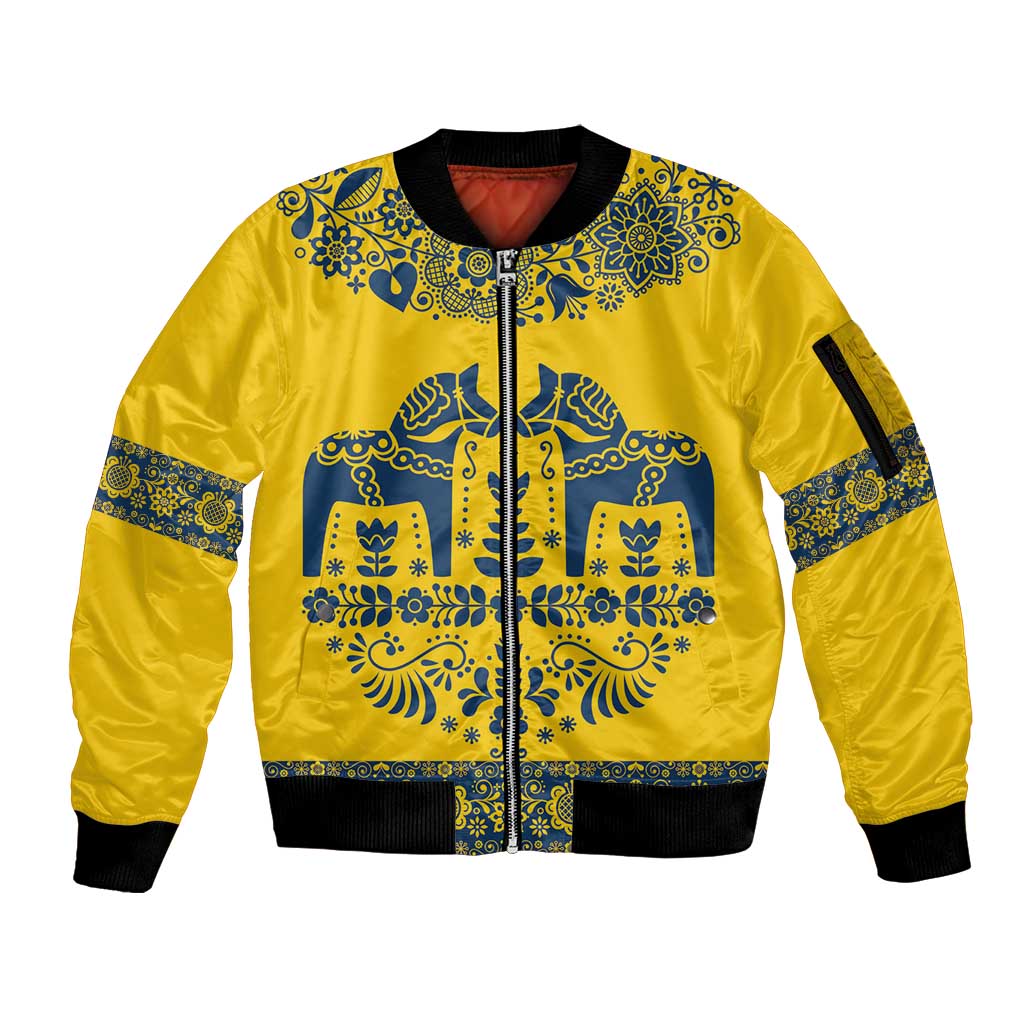 Sweden Daleclarian Horse Sleeve Zip Bomber Jacket Floral Folk Pattern Yellow Version
