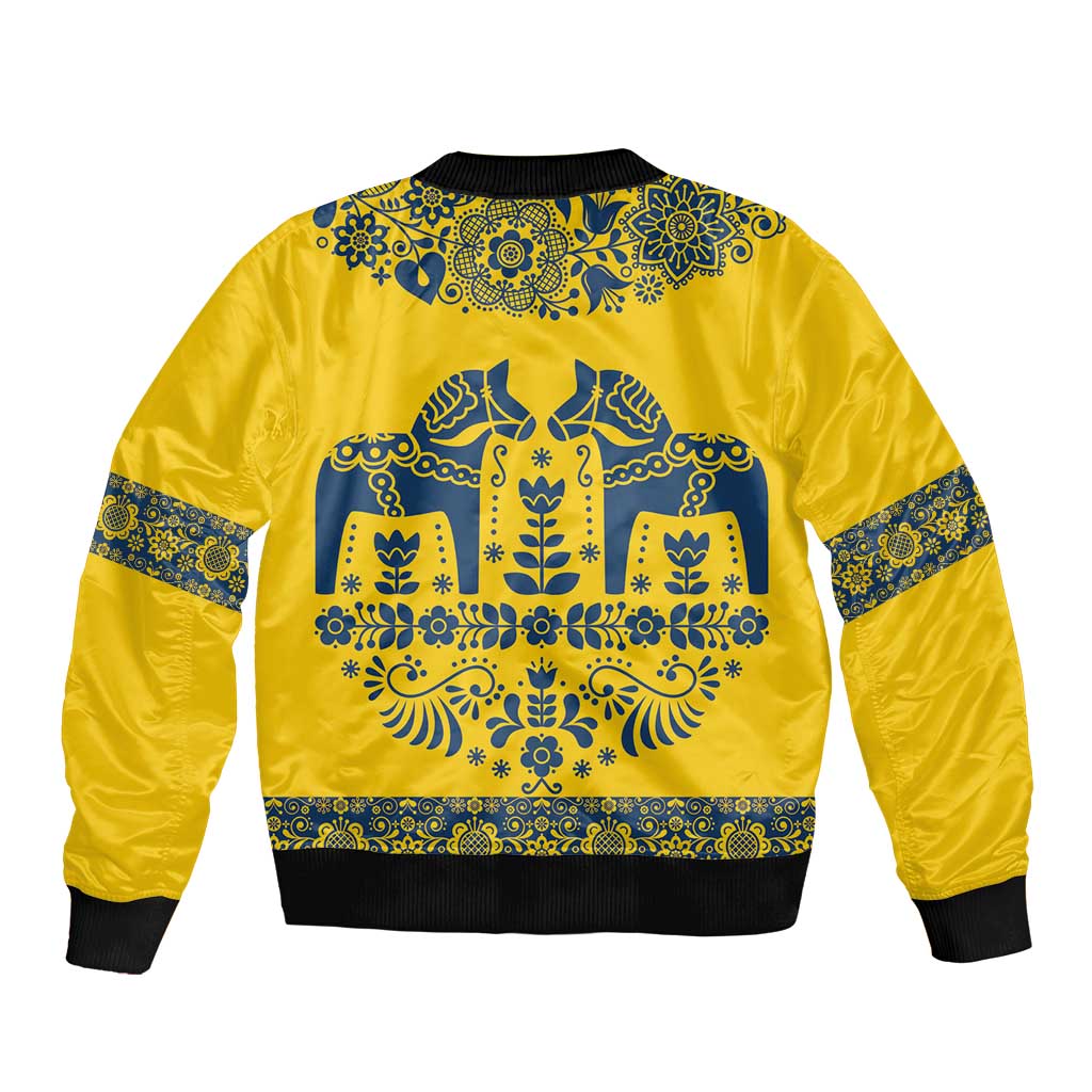 Sweden Daleclarian Horse Sleeve Zip Bomber Jacket Floral Folk Pattern Yellow Version