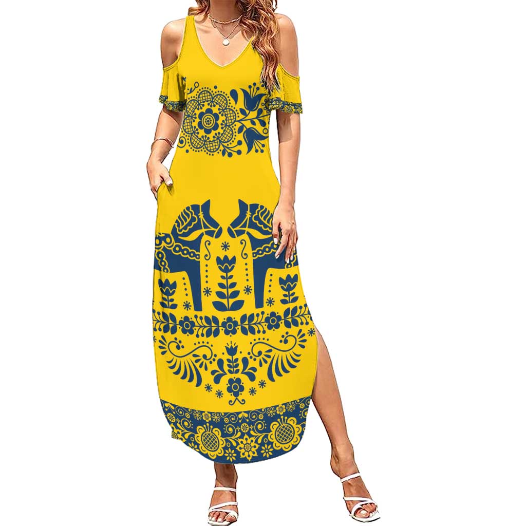 Sweden Daleclarian Horse Summer Maxi Dress Floral Folk Pattern Yellow Version
