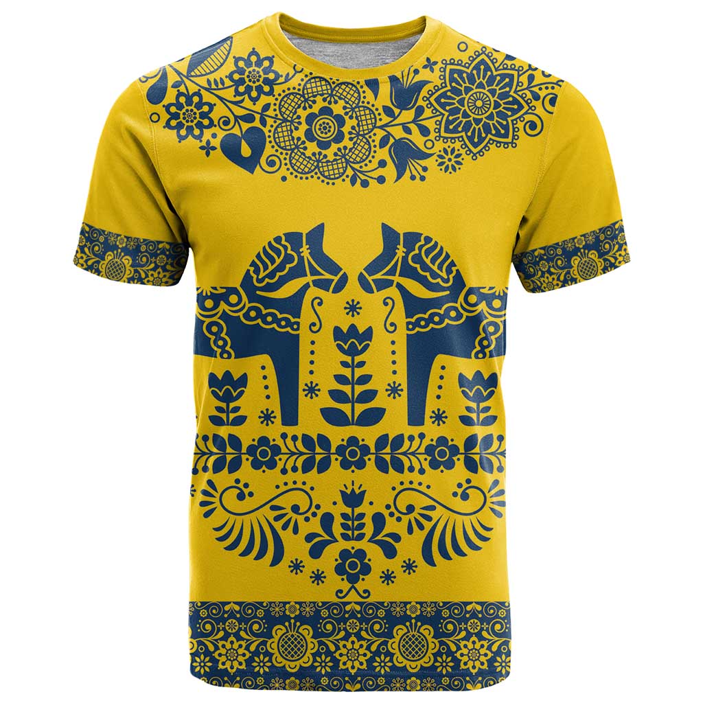 Sweden Daleclarian Horse T Shirt Floral Folk Pattern Yellow Version