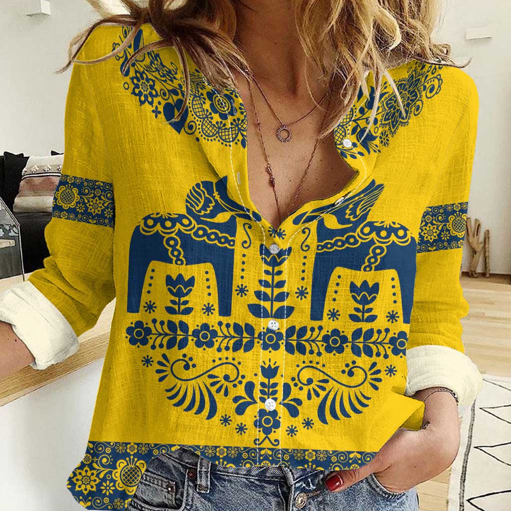 Sweden Daleclarian Horse Women Casual Shirt Floral Folk Pattern Yellow Version