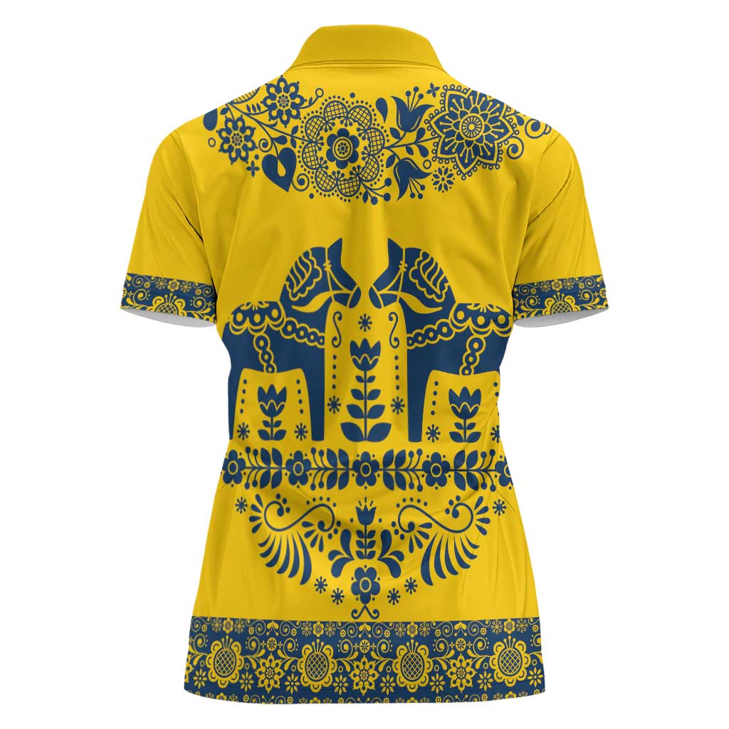 Sweden Daleclarian Horse Women Polo Shirt Floral Folk Pattern Yellow Version