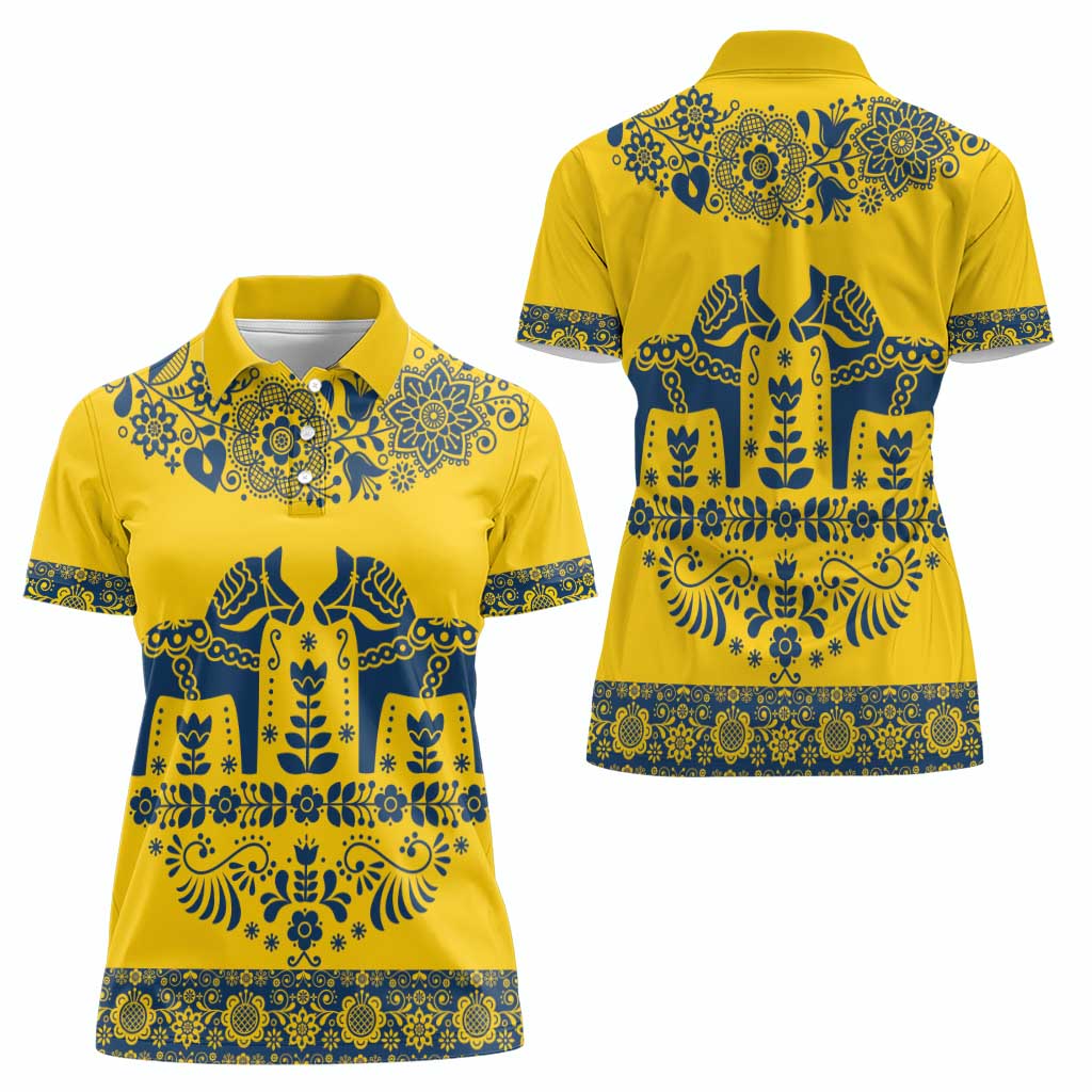 Sweden Daleclarian Horse Women Polo Shirt Floral Folk Pattern Yellow Version