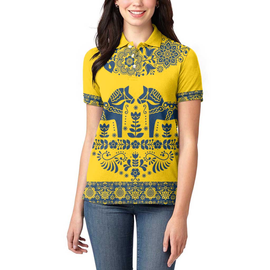 Sweden Daleclarian Horse Women Polo Shirt Floral Folk Pattern Yellow Version
