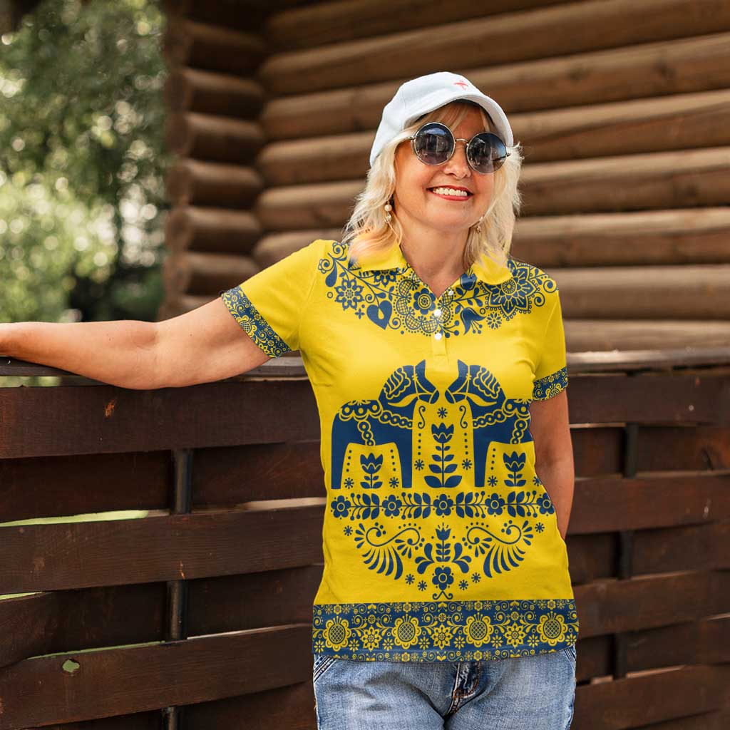 Sweden Daleclarian Horse Women Polo Shirt Floral Folk Pattern Yellow Version