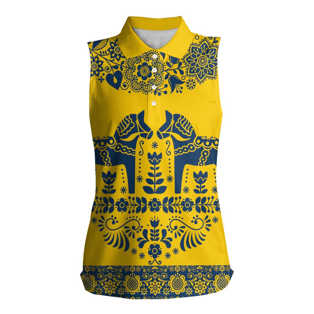 Sweden Daleclarian Horse Women Sleeveless Polo Shirt Floral Folk Pattern Yellow Version
