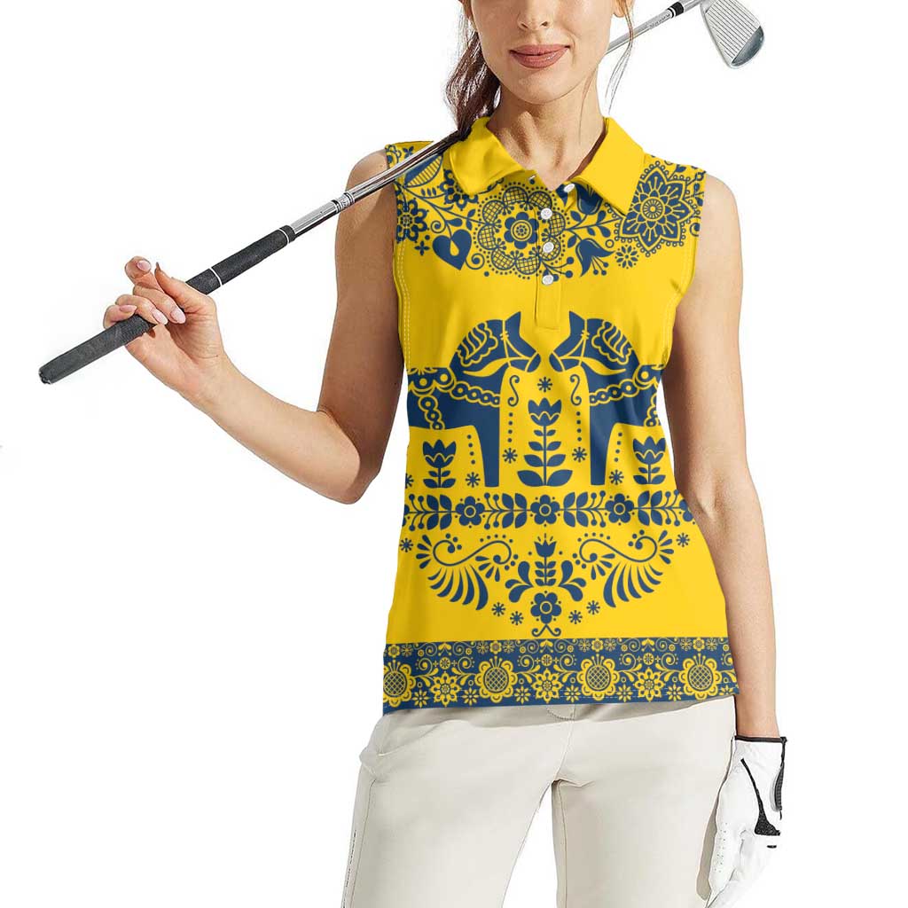 Sweden Daleclarian Horse Women Sleeveless Polo Shirt Floral Folk Pattern Yellow Version