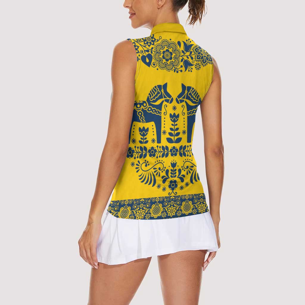 Sweden Daleclarian Horse Women Sleeveless Polo Shirt Floral Folk Pattern Yellow Version