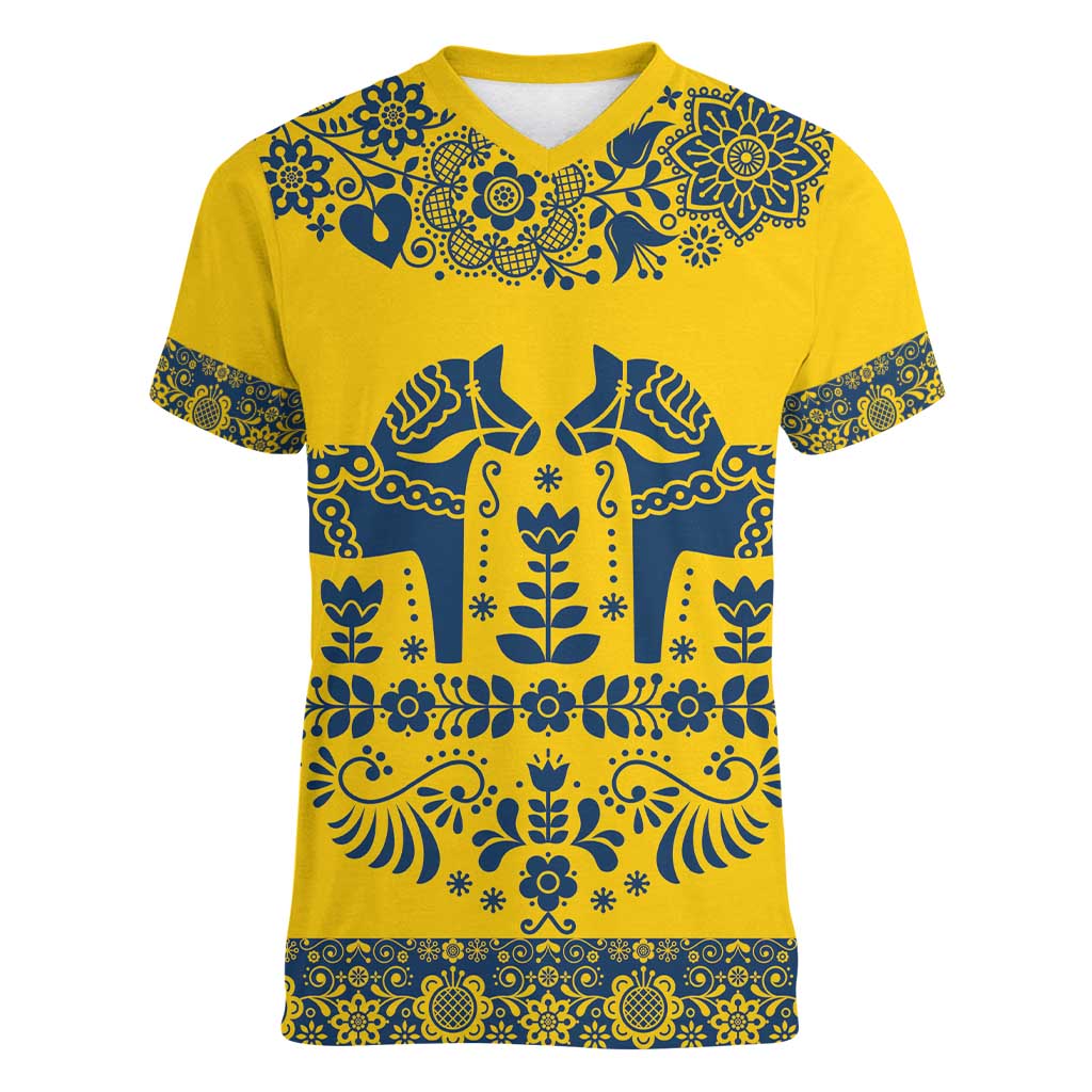 Sweden Daleclarian Horse Women V-Neck T-Shirt Floral Folk Pattern Yellow Version