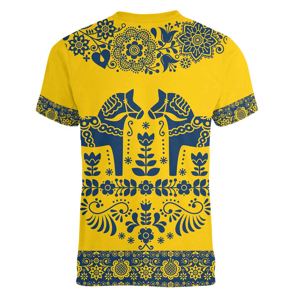 Sweden Daleclarian Horse Women V-Neck T-Shirt Floral Folk Pattern Yellow Version