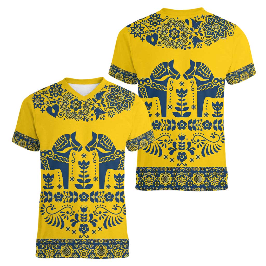 Sweden Daleclarian Horse Women V-Neck T-Shirt Floral Folk Pattern Yellow Version
