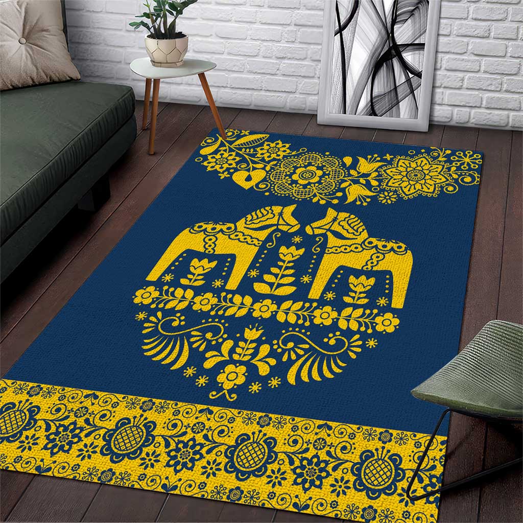 Sweden Daleclarian Horse Area Rug Floral Folk Pattern Blue Version