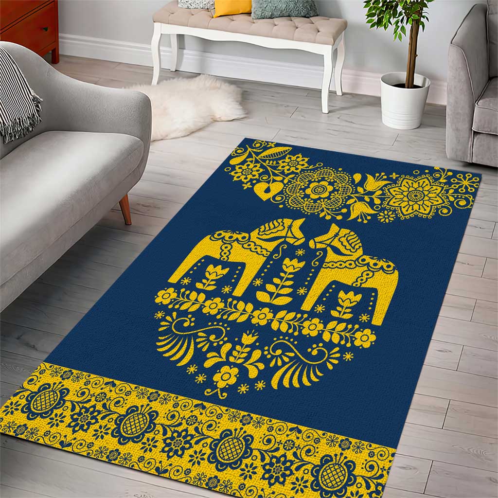 Sweden Daleclarian Horse Area Rug Floral Folk Pattern Blue Version