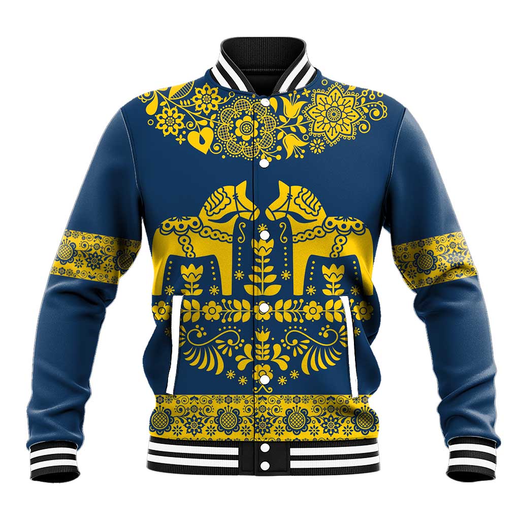 Sweden Daleclarian Horse Baseball Jacket Floral Folk Pattern Blue Version